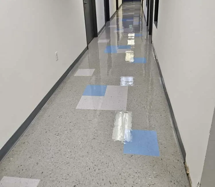 Reflective gray and blue flooring extending along a commercial corridor